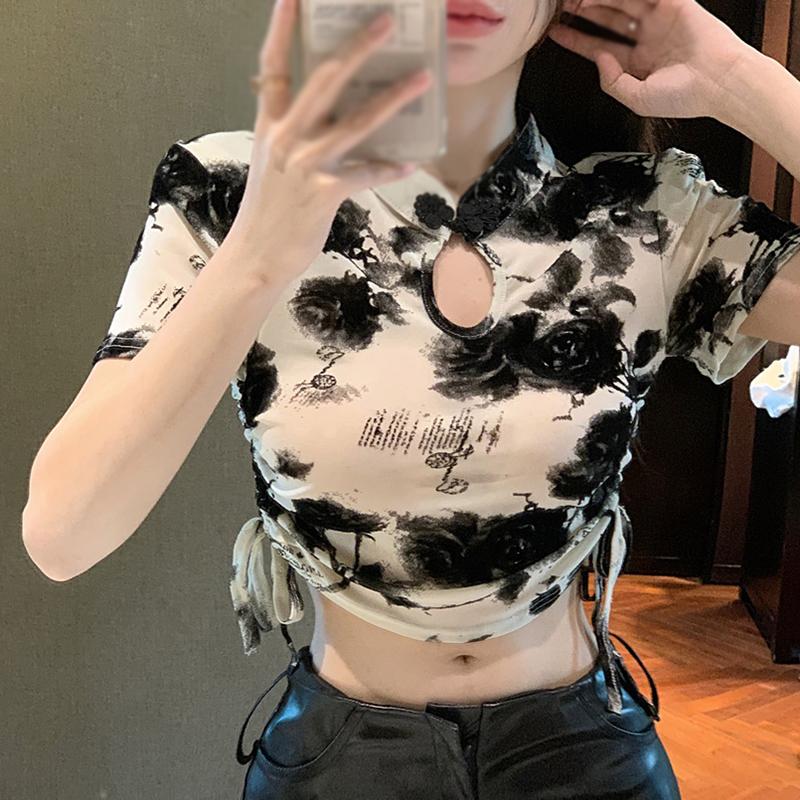 Product Introduction of Áo In Mực Retro Cho Nữ, Tay Áo Ngắn, Khóa Dây Rút, Ngực, Áo Khoét Lỗ 48