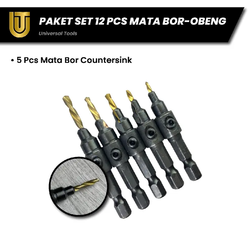 Peket Set 12 pcs: 1 pcs keyless Chuck kepala bor hexagonal, 1 pcs Ekstensi kepala bor L shape, 5 pcs set mata bor countersink sekrup, dan 5 mata obeng magnet ph2. 5
