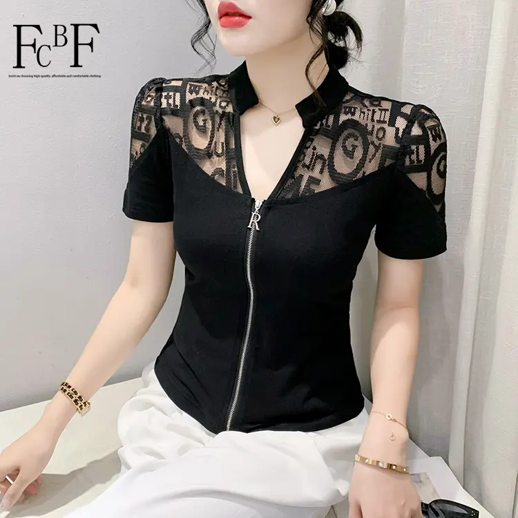 Áo Thun Nữ, Thiết Kế Mùa Hè 2025, Có Khóa Kéo, Cổ Chữ V, May Nối Ren Gợi Cảm, Ngắn Tay, Vải Lưới, Thời Trang Và Thanh Lịch, Dáng Ôm, Dễ Phối Đồ, Top Kem Voi