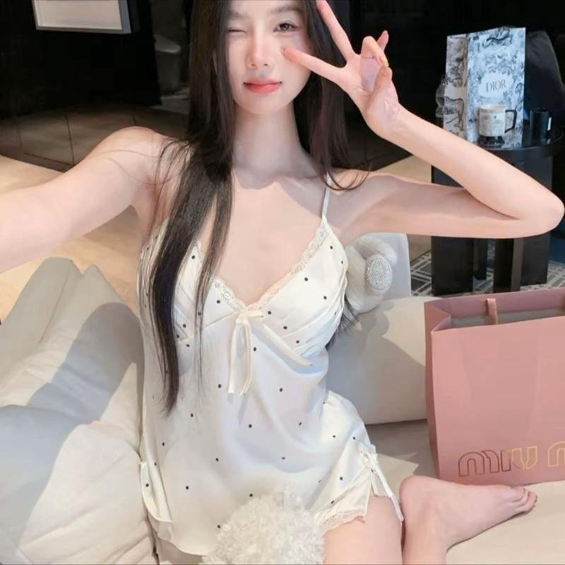 ( Hàng Cao cấp) Bộ ngủ lụa 2 dây xếp ly hoạ tiết