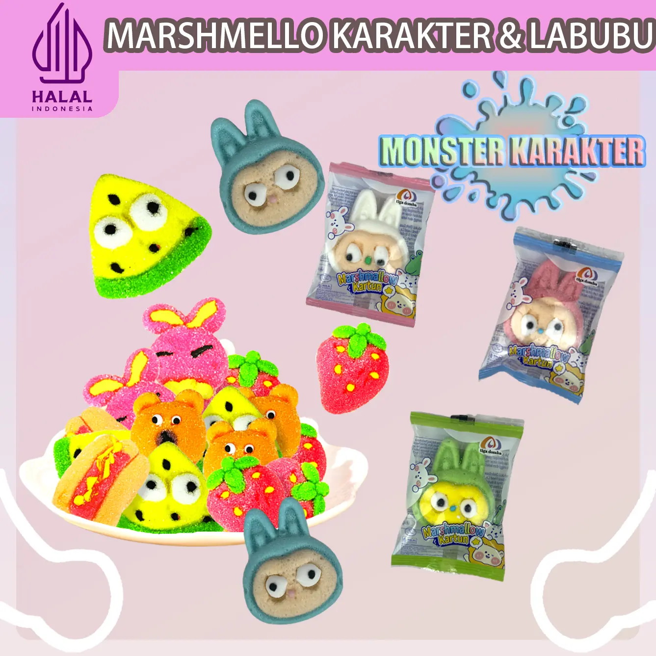 HALAL MARSHMELLO KARAKTER RANDOM MIX LABUBU MONSTER, Penuh Rasa Buah Segar! Tersedia dalam kemasan 30 buah