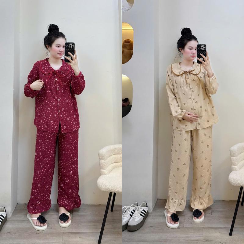 ( MẸ DỨA ) Set Bộ Pijama Đồ Bầu và Sau Sinh Dài Tay chất liệu đũi tơ mềm vải mềm cạp quần có chun chỉnh áo có khóa kéo ti  Free size 40-70kg