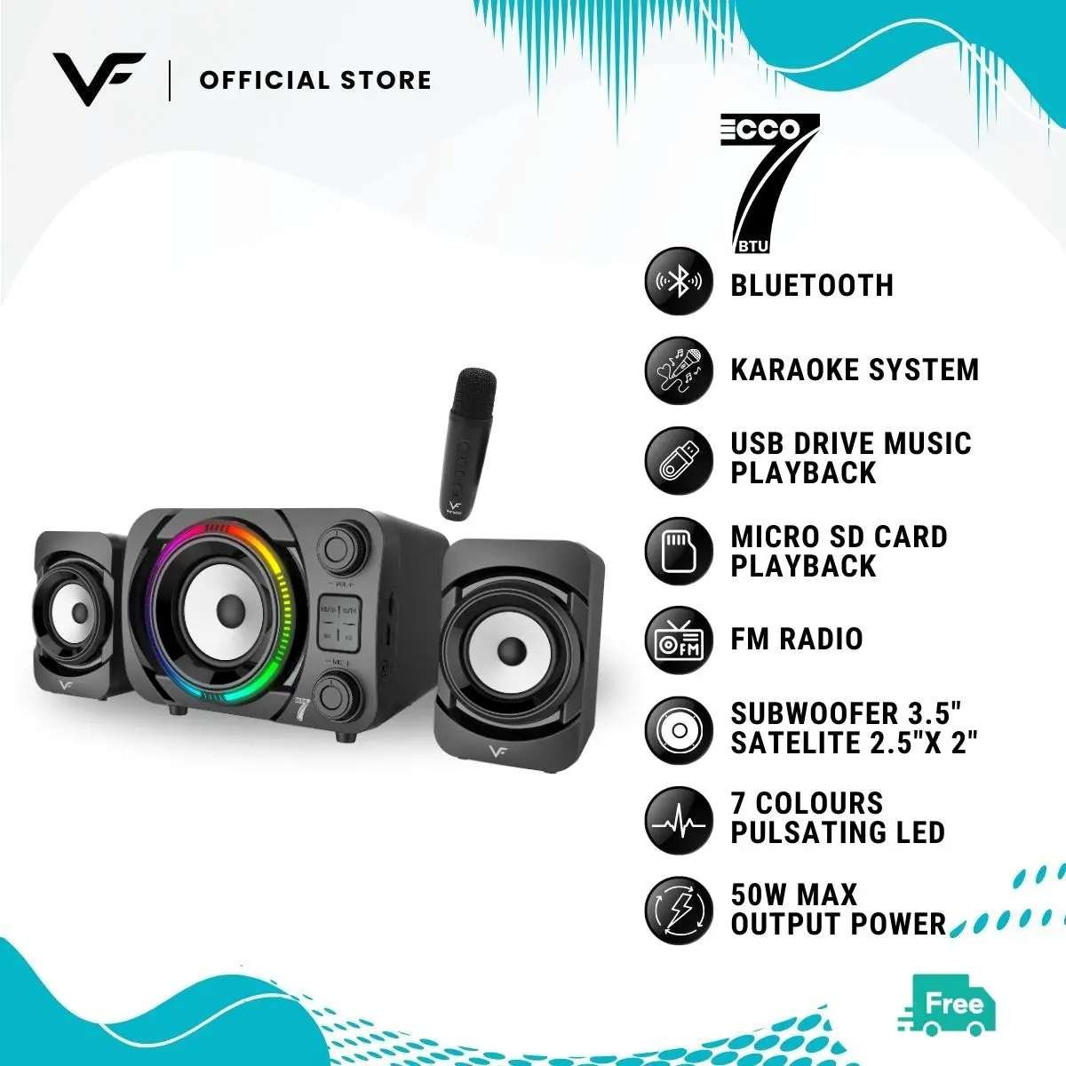 Vinnfier VF ECCO 7 BTU 2.1 Bluetooth Karaoke Speaker USB Powered 50W Max USB Pendrive FM Radio Micro SD Slot Aux In TV Portable Wireless Audio