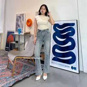 Jennie-HighWaist Cutbray Jeans Celana Flare Panjang Stretch Wanita Retro Vintage Lipat Bawah