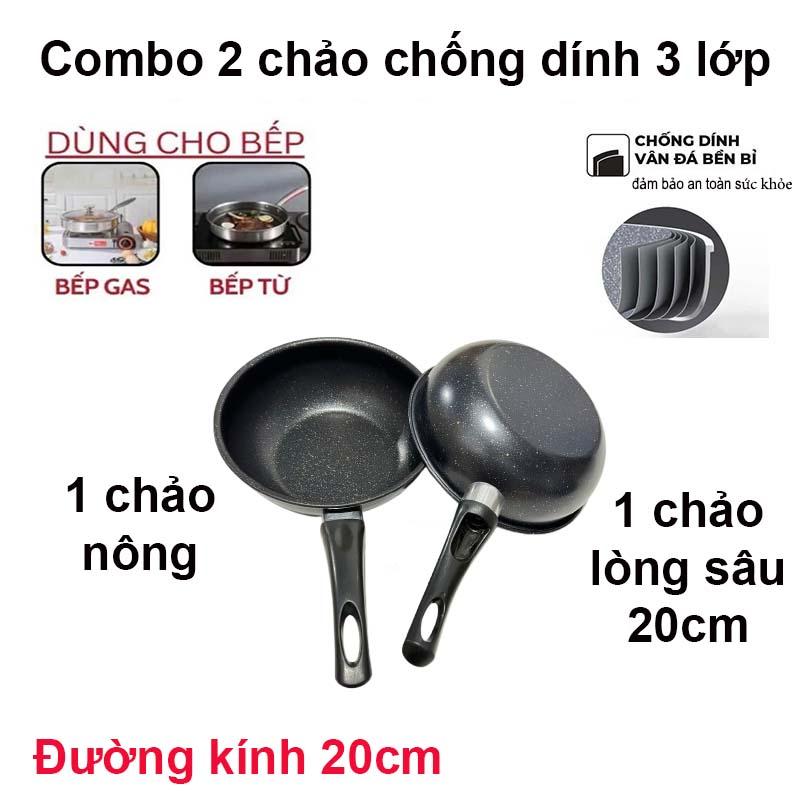 Combo 2 Chảo 1 nông, 1 sâu chống dính 3 lớp đường kính 20cm cao cấp dùng cho mọi loại bếp (bếp từ, bếp gas) với thiết kế tay cầm chắc chắn chảo  gang  chống  dính chảo  chống  dính  mini