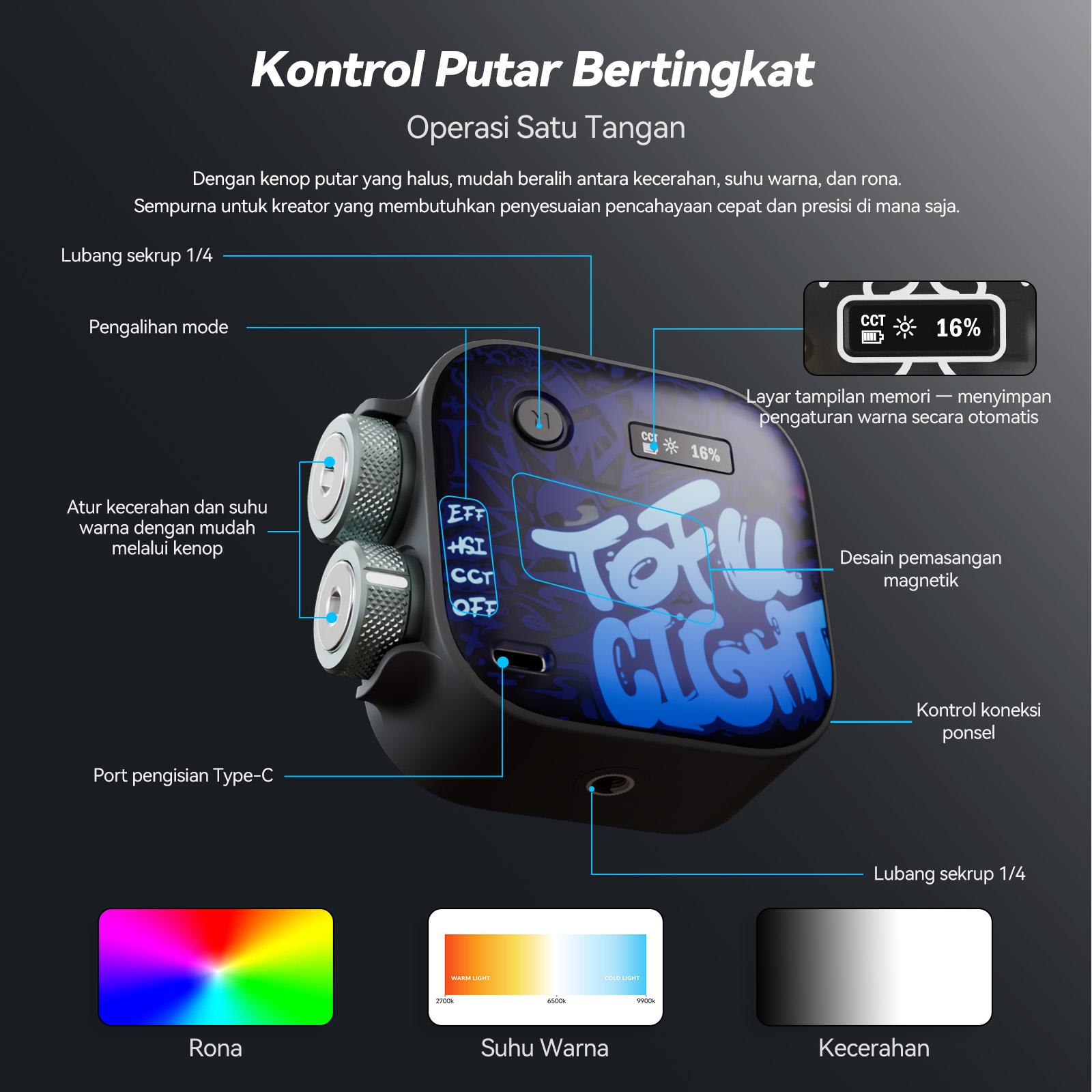 PHOTOOLEX Black Warrior Tofu Light – Lampu LED Kamera Portable RGB 2500–9900K 2000mAh 360° Full Color dengan 21 Efek Cahaya untuk Konten Kreator, Fotografi & Ponsel