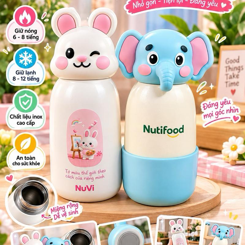 Bình nước Nutifood giữ nóng 6-8 tiếng, giữ lạnh 8-12 tiếng, chất liệu inox cao cấp, an toàn cho sức khỏe, miếng rộng dễ vệ sinh, 2 màu siêu dễ thương