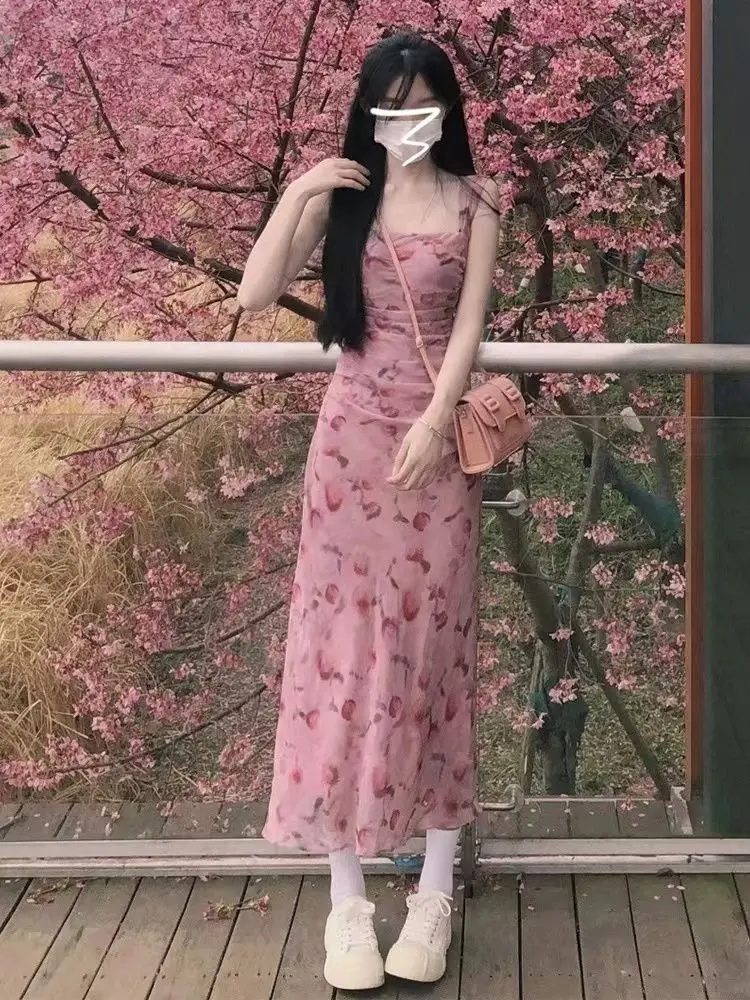 Casual and fashionable camisole floral dress for women, a summer niche new style temperament mid length skirt, easy to match Womenswear Lingerie Comfort Sleeveless