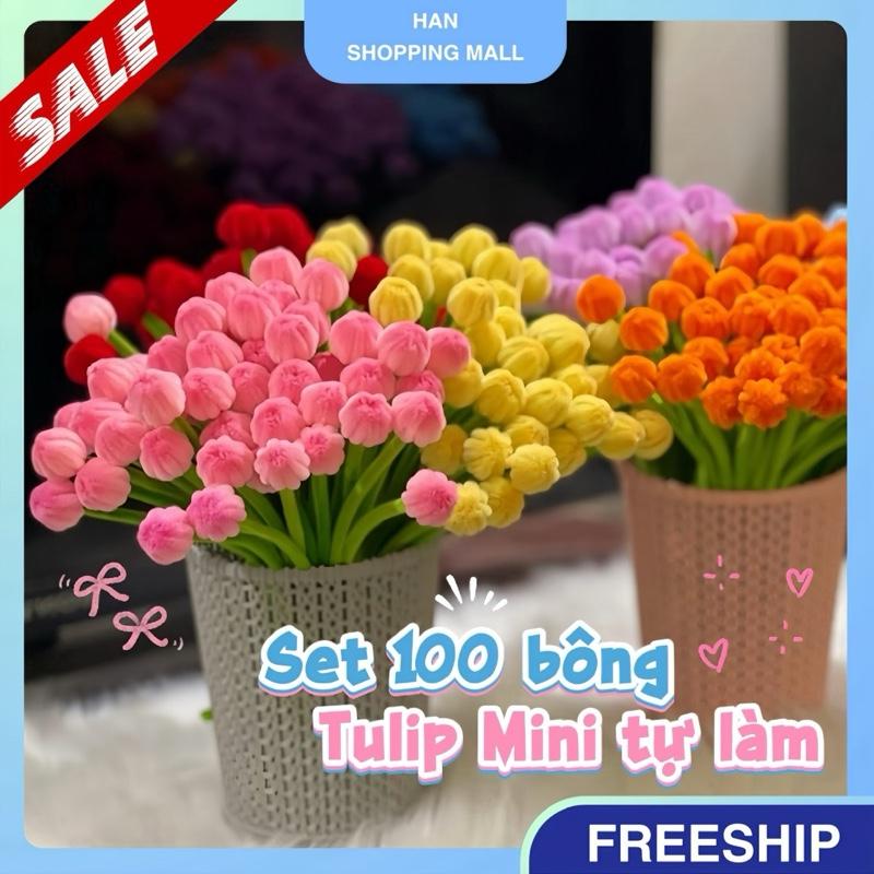  Set nguyên liệu tự làm 100 bông TULIP mini kẽm nhung handmade diy trang trí nhà cửa 