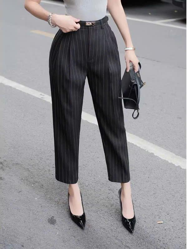 Thời Trang Bigsize Quần Baggy Nữ Bigsize 55-100kg - Quần 9 Tấc Tây Đen Sọc Phom Đứng - Lưng Cao - Chất Tuyết Mưa Mềm Mịn - Không Giãn - Dài 90cm Thun - Quanongrongjean - Bigsizefashion - Bigsizetphcm