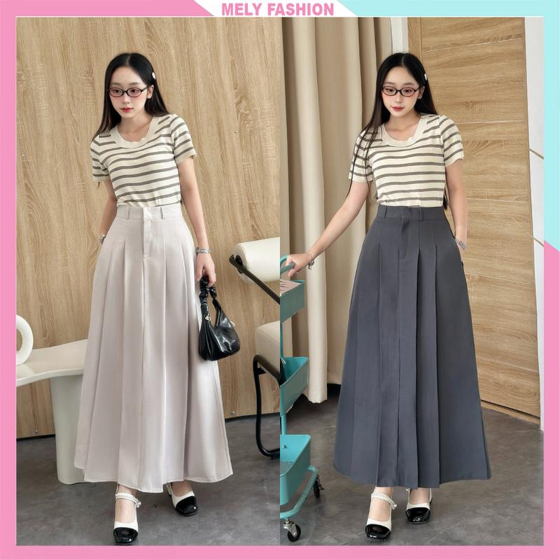  Chân váy xếp ly dáng dài Mely Fashion dài qua gối 90cm xòe chữ A có túi cạp cao chiết eo tôn dáng che bụng bigsize CV103 