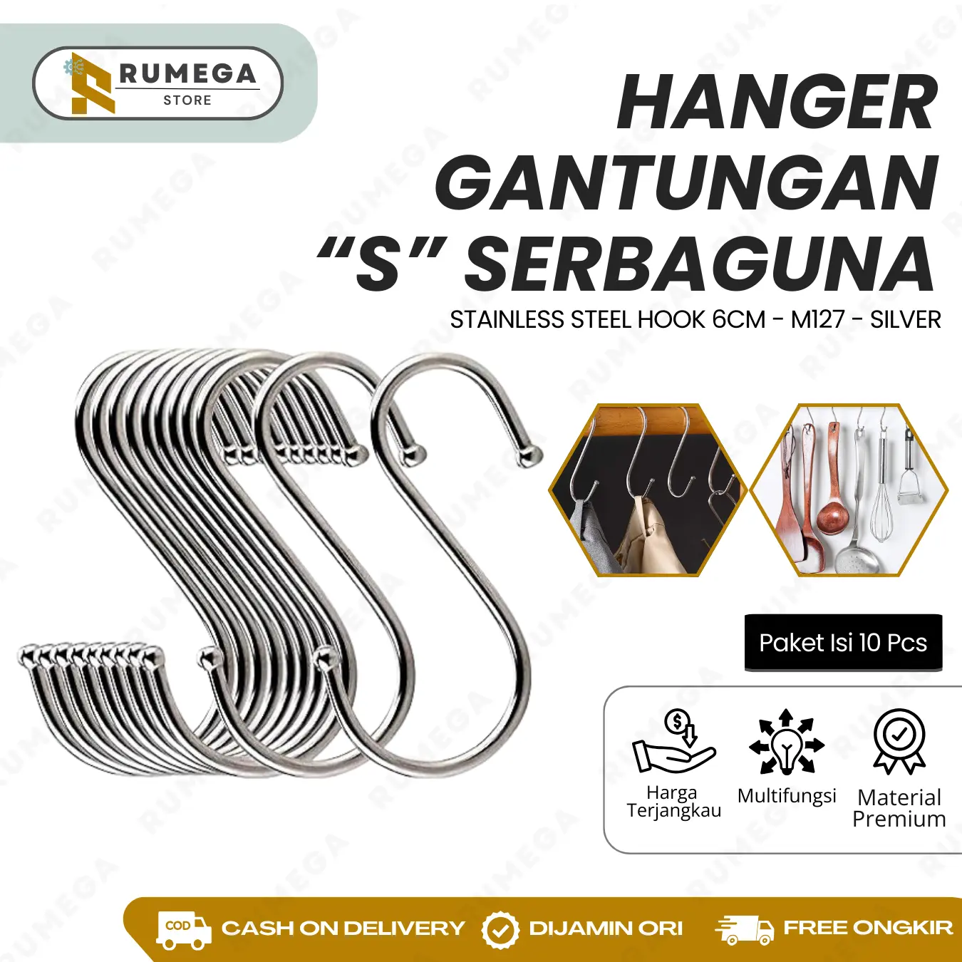 [10 PCS] Gantungan Bentuk S / S-Hook Stainless Steel Tanpa Perlu Paku Premium Import