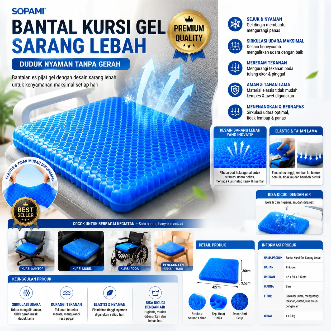Bantal Kursi Gel Sarang Lebah Premium | Alas Duduk Honeycomb Anti Panas, Silikon Gel Empuk & Nyaman Untuk Kantor, Mobil, Rumah