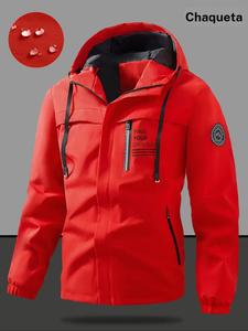 Chaqueta con capucha y cordón para hombre con estampado de letras y parche, Ropa de abrigo informal y holgada de manga larga con bolsillos y cremallera para primavera y otoño, Ropa de hombre de moda para el día a día
