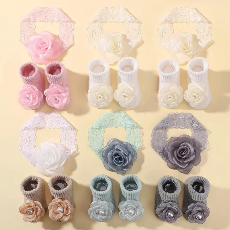 1 Set Sweet Lace Rose Flower Baby Socks Hair Band Set Infant Toddler Non Slip Breathable Short Socks Newborn Headband Sets Gift 6