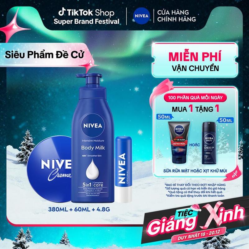  Bộ SP Dưỡng ẩm chuyên sâu: 01 Sữa Dưỡng Thể Body Milk Vitamin E  380ml  & 01 Kem Dưỡng Ẩm Nivea Creme  60ml  & 01 Son dưỡng ẩm môi Original Care  4.8g - 98940+80102+85061 