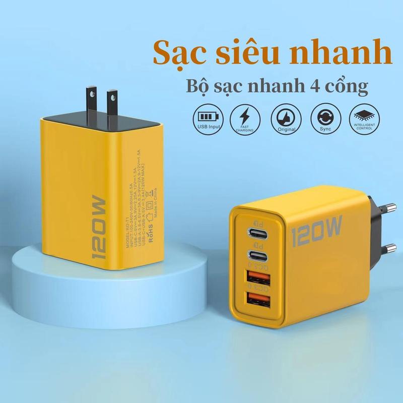 Bộ sạc sạc nhanh,  USB kép + Type-C kép, Sạc nhanh PD Nhiều Cổng, Tiêu chuẩn Hoa Kỳ và Châu Âu, Tương thích với các thiết bị đầu cuối sạc Phụ Kiện Phone 120W 0