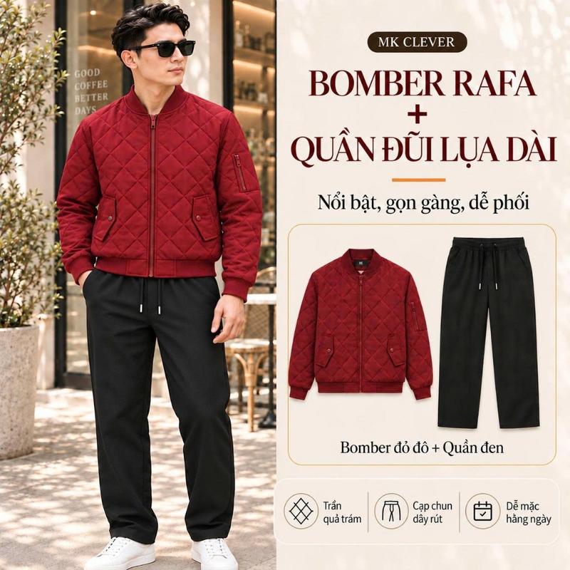 Combo Áo Khoác Bomber Nam Rafa + Quần Đũi Lụa Dài MK CLEVER Basic Mặc Thu Đông Phối Đồ Cực Đẹp