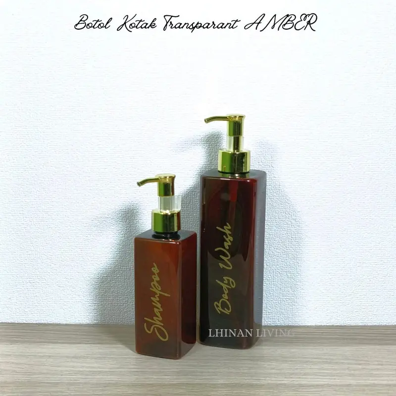 Botol Sabun Cair Aesthetic Kotak Transparan & Amber Glosy Gold dengan Pump Gold Luxury - Plastik 5