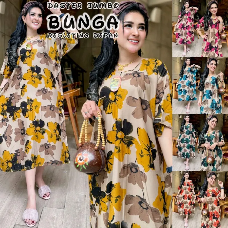 Daster Jumbo Resleting Depan LD 120 cm Motif Bunga Wanita Casual - Bahan Adem 0