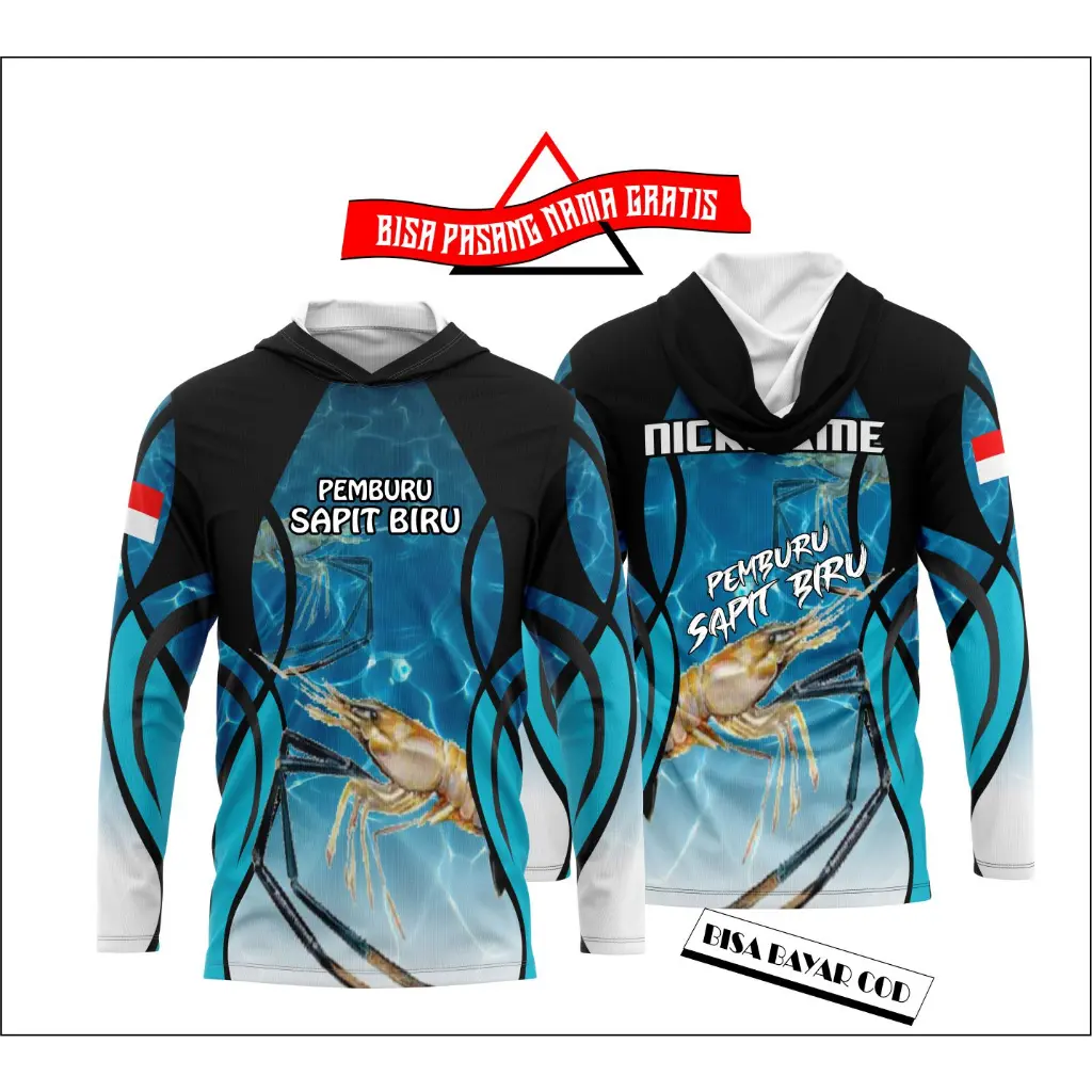KAOS BAJU MANCING UDANG GALAH LENGAN PANJANG BERKUPLUK FREE NICKNAME DAN LOGO SENDIRI
