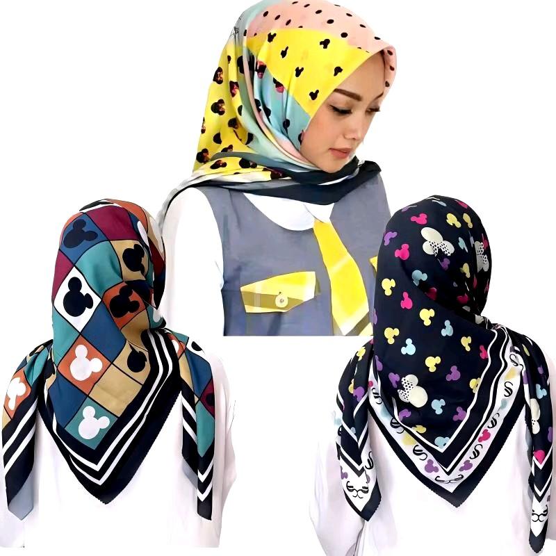 KERUDUNG HIJAB MOTIF MICKEY MOUSE SEGI EMPAT VOAL PREMIUM TERBARU Katun Muslim Square 2