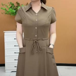 Middle age mother Shirt Dresses Short Sleeve Women Korean Style Loose Lapel A-line Dress Lady Polo Collar Casual dress