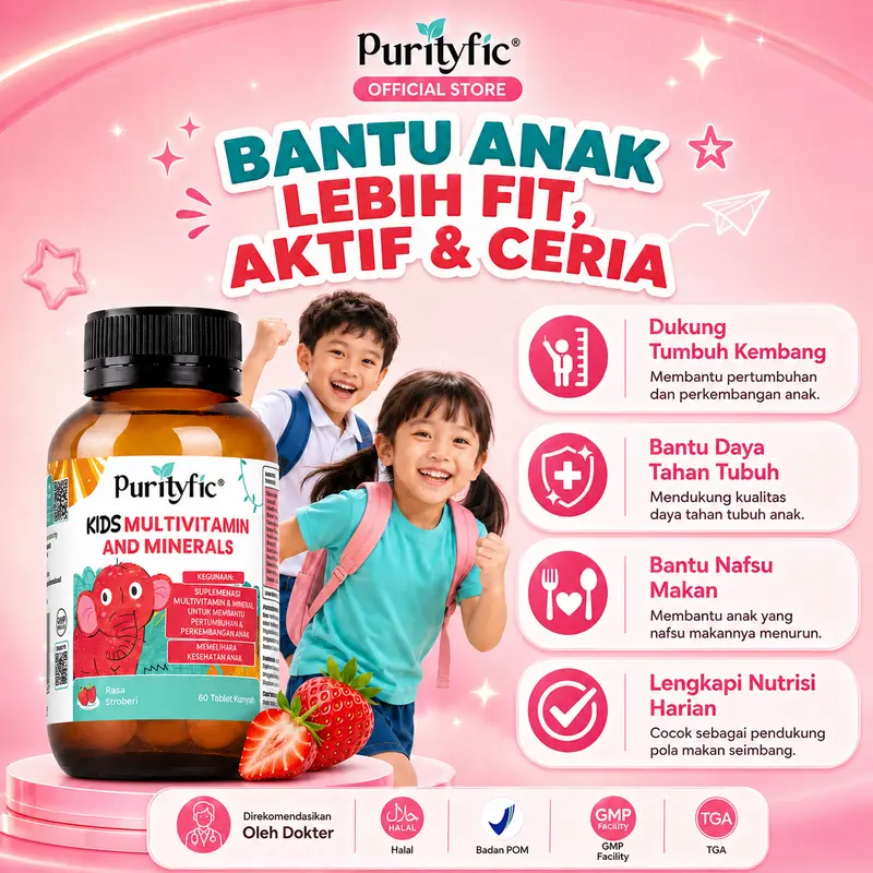 Purityfic Kids Multivitamin 12 Vitamin & 5 Mineral  - Vitamin Anak untuk Membantu Pertumbuhan & Perkembangan Anak dan Memelihara Kesehatan Anak | 60 Tablet Kunyah rasa Strawberry – Made in Australia
