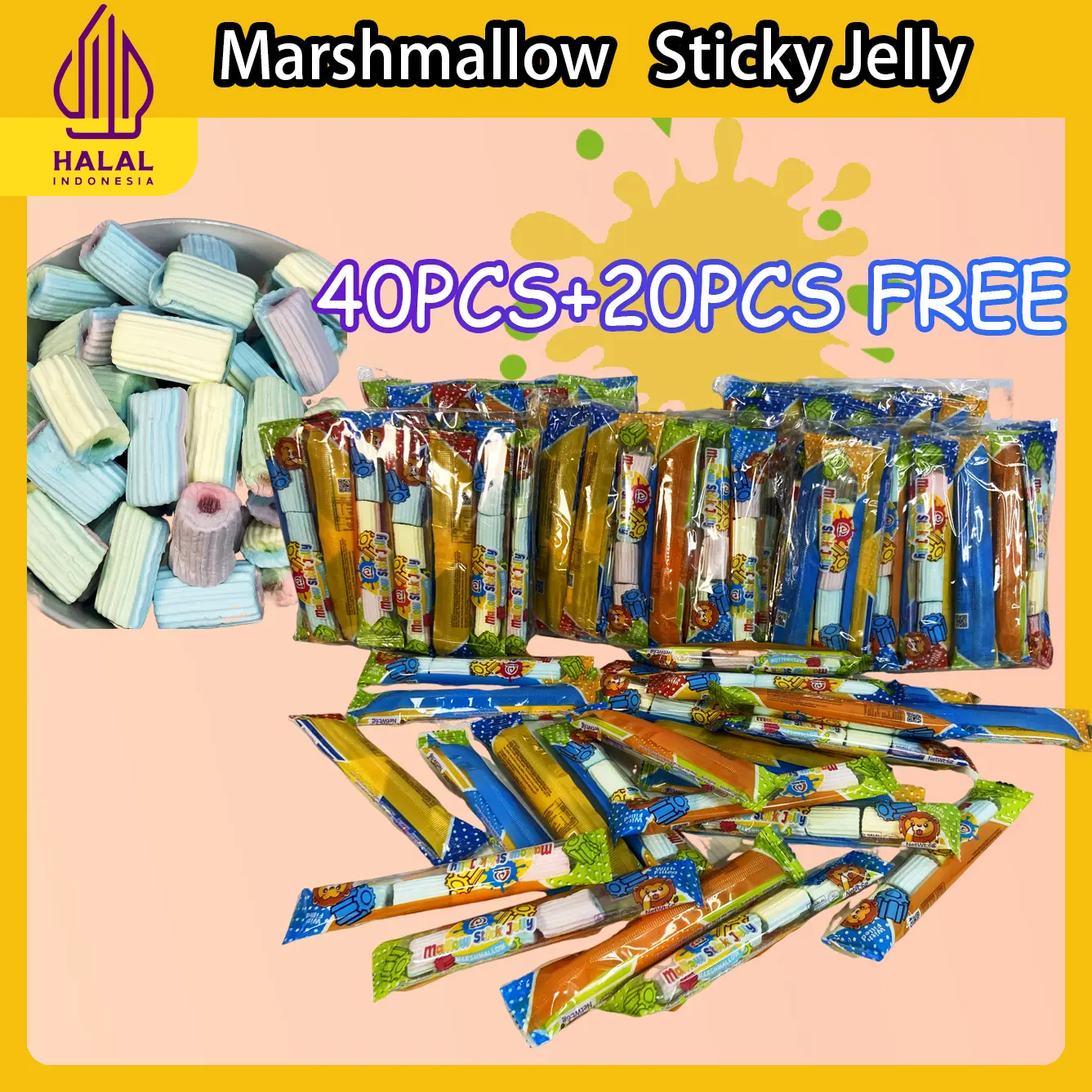40pcs+20pcs(FREE)Kembang Gula Berisi Jelly: Manis & Kenyal, Cita Rasa yang Menggoda! Jeli Makanan