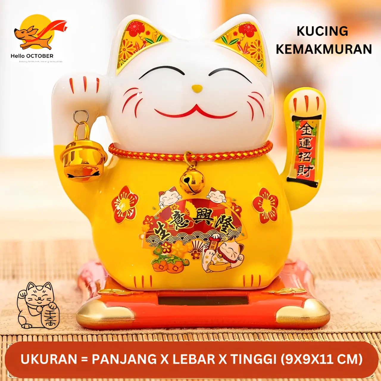 KUCING KERAMIK (ANEKA WARNA) Solar Panel (Tanpa Baterai) Bergerak dengan Cahaya Matahari/Lampu (UKURAN 9x9x11 CM) Pajangan