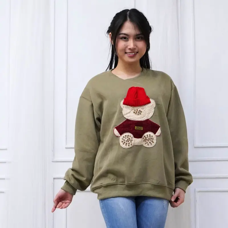 SWEATER BERUANG TOPI MERAH SWEATER SKENA WANITA ATASAN IMPORT BANGKOK BORDIR FLECCE TEBAL FASHION KOREAN STYLE CASUAL LONG SLEEVE HIJAB FRIENDLY CREWNECK SWEATSHIRT CEWEK BASIC FLEECE PANJANG NYAMAN SANTAI sweater fuji Kaos Kerah Oblong Oversize Baju 5
