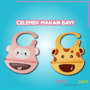 BABY BIB Celemek Makan Bayi Slaber Silikon Anak Bibs Karakter ELSA STITCH MICKEY MINI Karet Baby Burb Apron Silicon Anti Air Biru Bunda