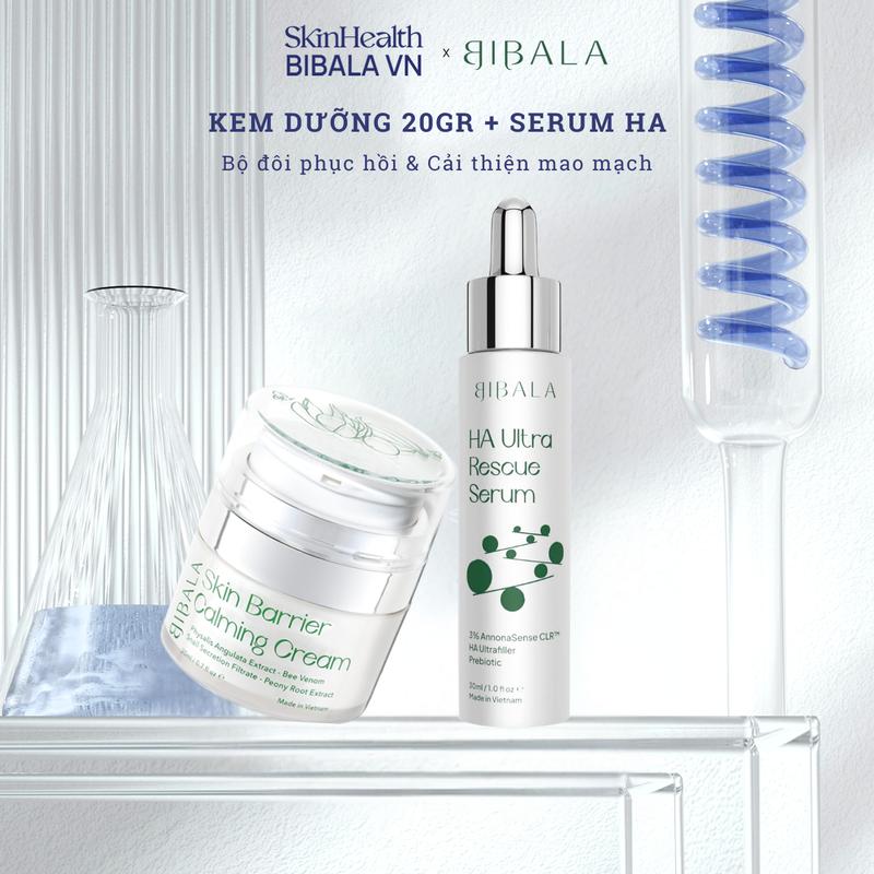 Bộ đôi Kem dưỡng phục hồi BIBALA SKIN BARRIER CALMING CREAM 20G + Tinh chất Hyaluronic Acid hỗ trợ giảm viêm cấp ẩm sâu hỗ trợ ngăn ngừa lão hóa - HA ULTRA RESCUE SERUM 30ML BIBALA