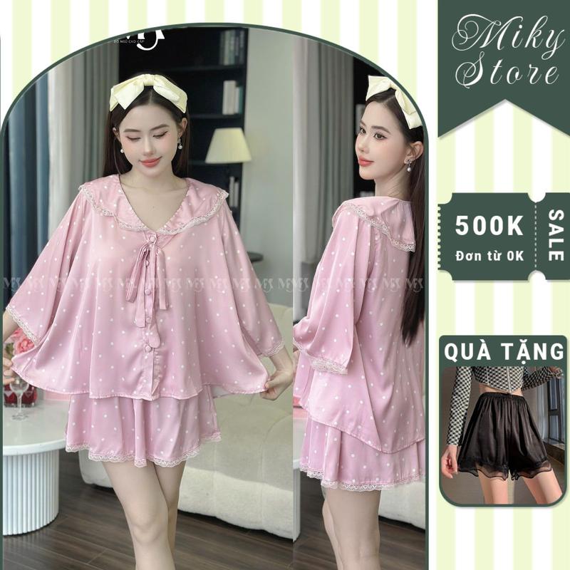 Đồ Ngủ Nữ Tiểu Thư Bigsize 80Kg Quần Giả Váy Chất Liệu Lụa Latin In Chấm Bi Vải Mềm Mịn Thích Hợp Mặc Bốn Mùa Áo Nữ