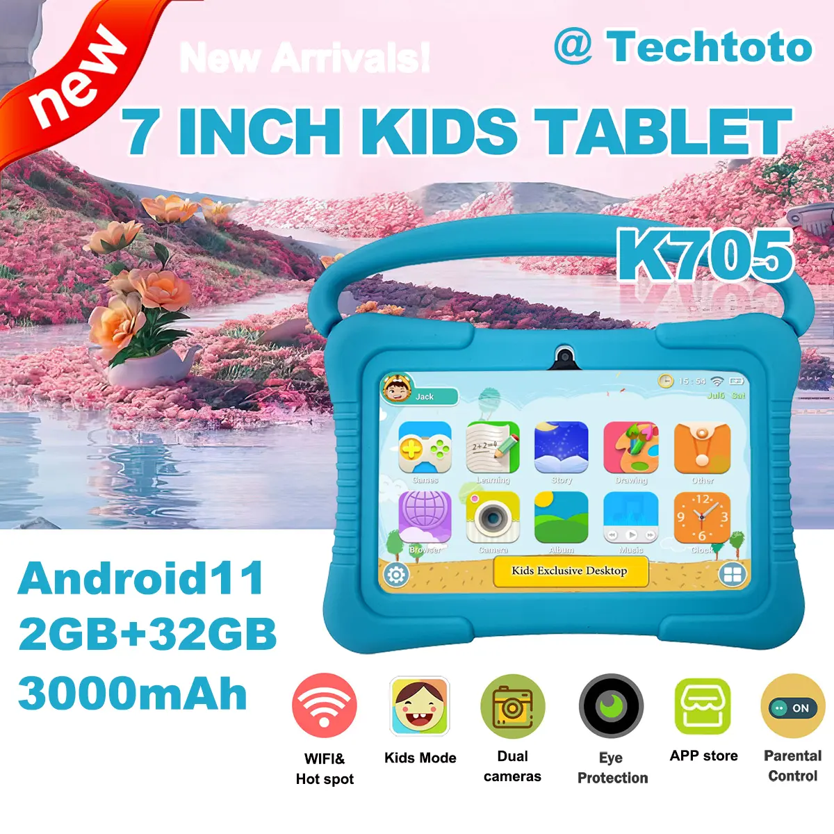 7inch Tablet for kids K705 WIfI 32G ROM Orginal Android11.0 cartoon shell 3000MAh Dual camer Fall and colllsion prevention Education and development of chlldren control Smartphone Cellphone kids tablet graphic