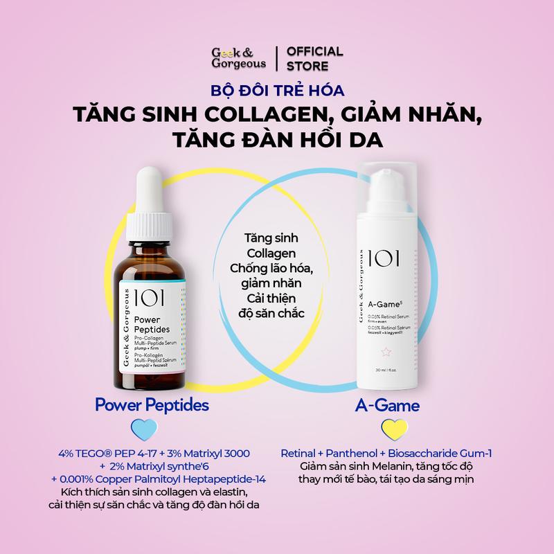  Bộ đôi trẻ hóa tăng sinh collagen giảm nhăn cải thiện làn da đàn hồi Geek&Gorgeous Power Peptides + A-Game 30ml+30ml 