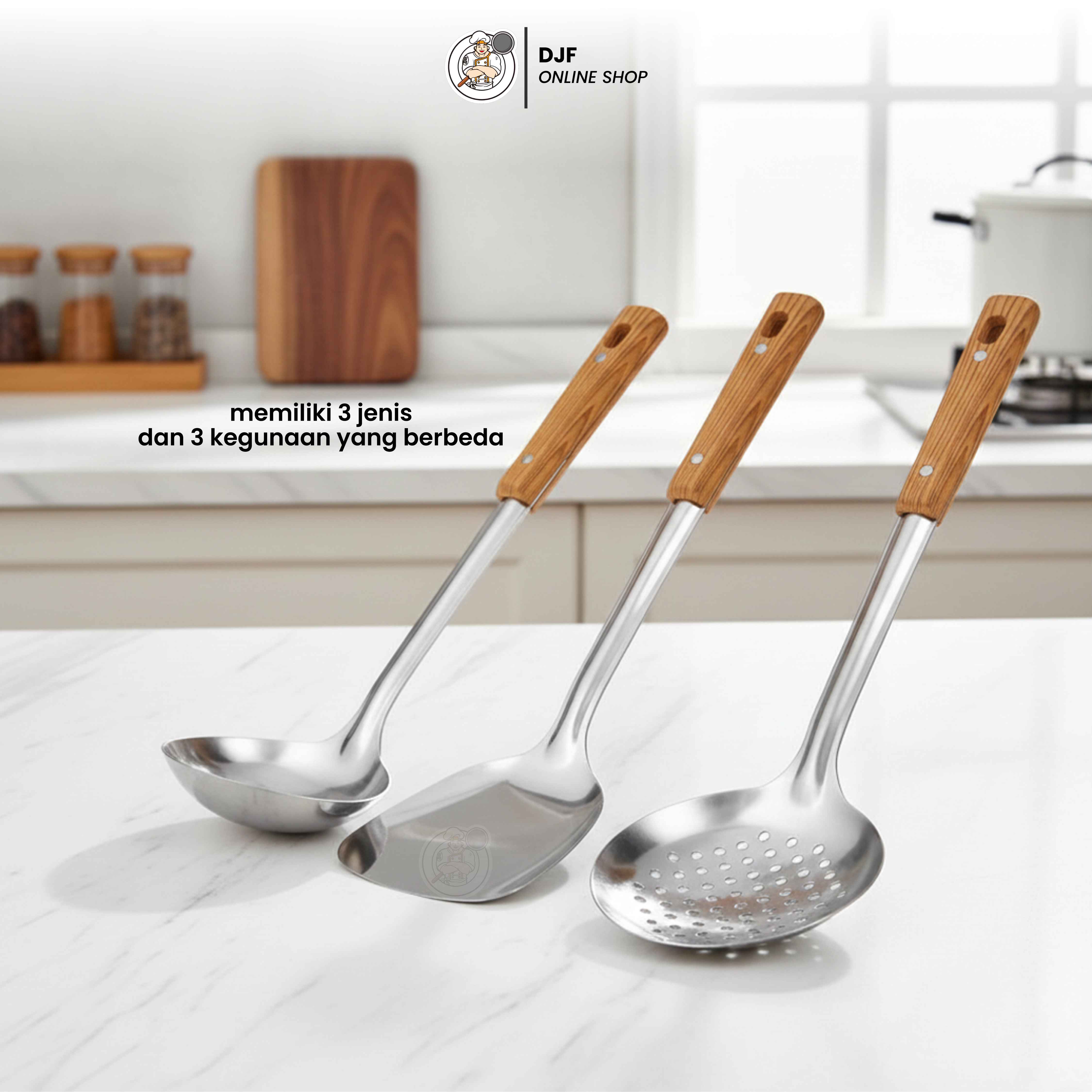 (1set isi 3pcs) Alat Masak Stainless Steel Gagang Panjang Kayu Irus Sodet Skimmer Kuat Tebal Tahan Lama Anti Panas