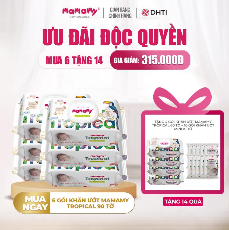 [MUA 6 TẶNG 14] MUA 6 gói khăn ướt Mamamy Tropical 90 tờ TẶNG 4 gói khăn ướt Mamamy Tropical 60 tờ + 10 gói khăn ướt mini 10 tờ không mùi