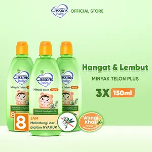 Cussons Baby Minyak Telon Plus 150ml X3 - Minyak Telon Bayi Hangat & Tidak Lengket, Anti Nyamuk Alami, Mencegah Masuk Angin