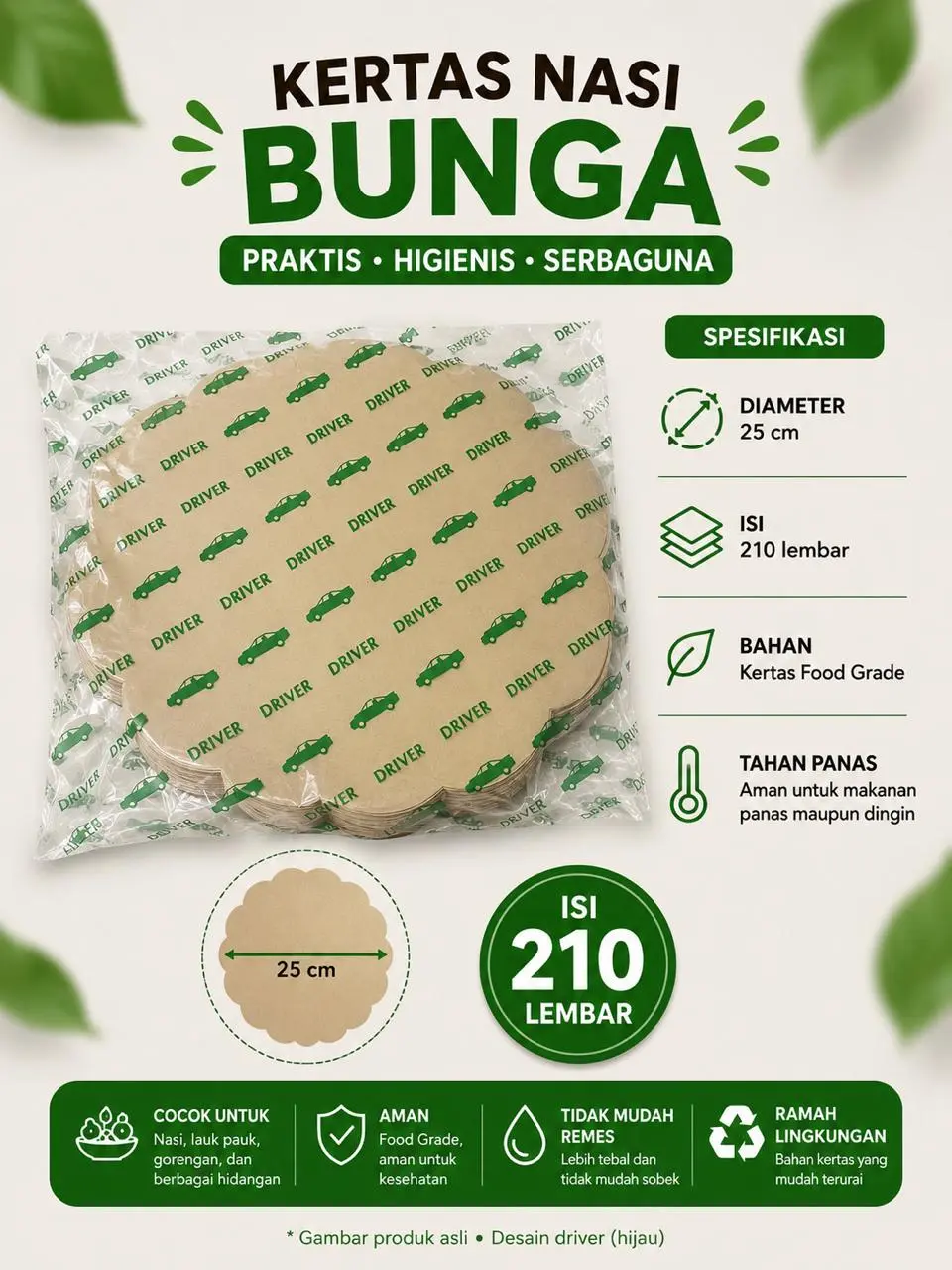 Kertas Nasi Bunga 25cm isi 210 lembar - Kertas Makanan Food Grade Tahan Panas & Dingin - Cocok untuk Wadah & Bungkus Makanan