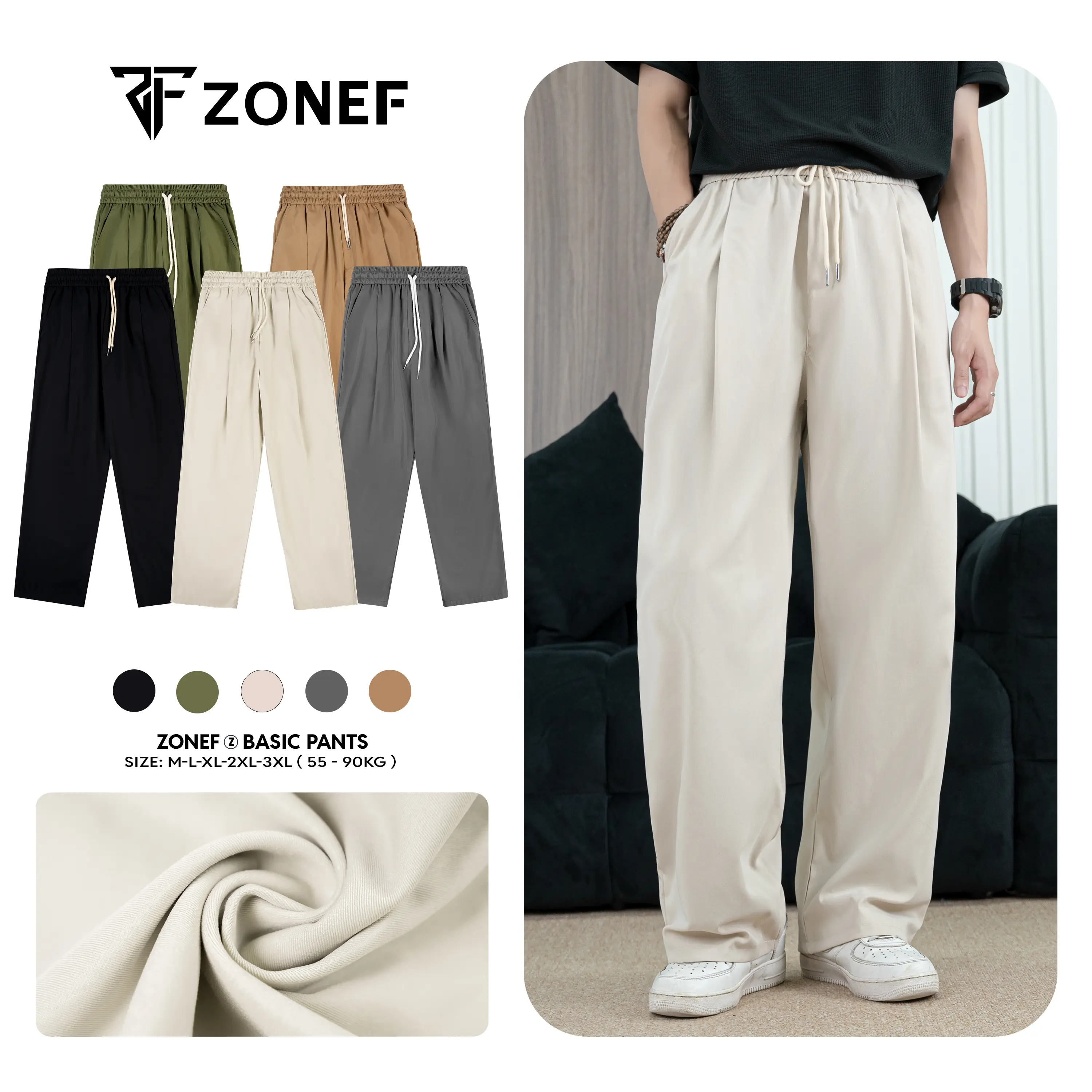 (COMBO 2 QUẦN KAKI) xếp ly, form rộng dáng suông by Zonef Studio, Quần ống rộng cạp chun chất liệu kaki 2 da mềm mại, thoảng mát Nam Menswear Pants Ong