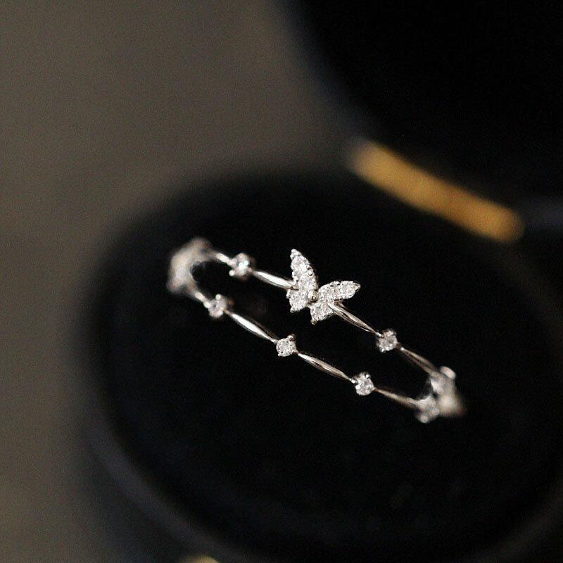 Nhẫn Hở, Bạc Sterling S925, Thiết Kế Hai Lớp, Bướm Kim Cương Nhỏ 5