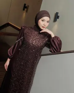 Dress Kondangan Wanita Remaja Terbaru Bahan Satin Mix Squin Model Pres Boddy Warna Mahogany Burgundy Hitam S M L XL