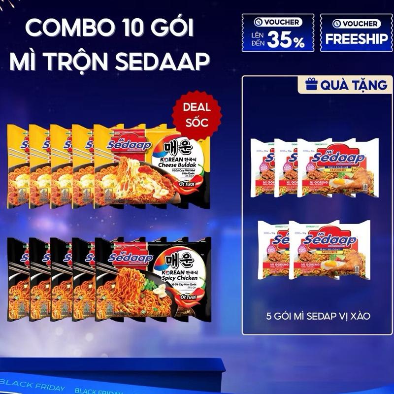  Sedaap COMBO Mì Gà Cay Hàn Quốc 87g x5 gói + Phô Mai Hàn Quốc 86g x5 gói TẶNG 5 Gói Mì Trộn Sedaap Vị Mì Xào Ăn Liền Tiện Lợi & Ngon Miệng 