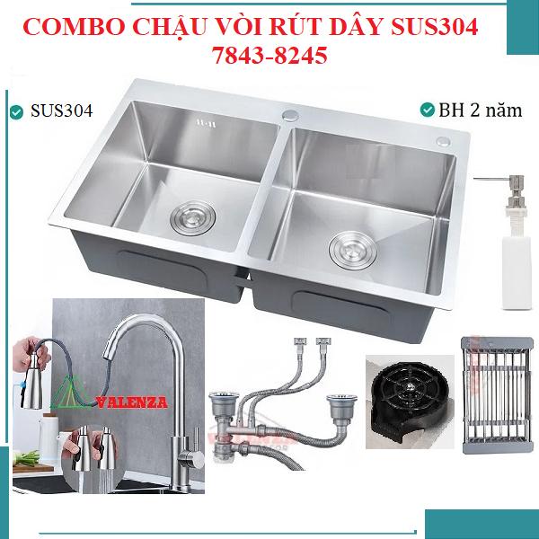 Chậu rửa bát inox304 2 hố cân 7843-8245 thành dày 2,5li kèm vòi rửa bát rút dây 01 nóng lạnh inox 304, bộ xả chậu, rổ inox gác chậu, bình đựng nước rửa bát
