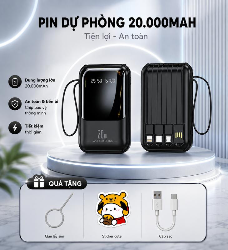 Pin dự phòng di động 20000mAh, sạc 5 điện thoại cùng lúc, 4 cáp sạc tháo rời, tương thích Android/Type-C/iPhone, dung lượng lớn, tiện lợi