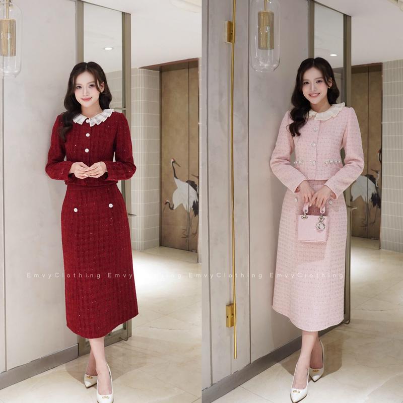 EV113-Emvy Clothing Set váy dạ tweed ánh kim sa cao cấp cổ ren rời thnah lịch sang trọng đi chơi dự tiệc