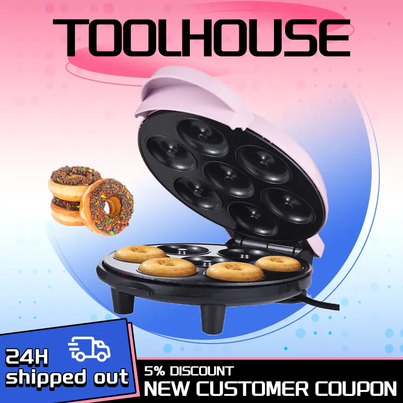 Mini Electric Donut Maker Machine Makes 7 Doughnuts 700W Double-sided Heating Non-stick Coating for Kid-Friendly Breakfast Dessert Snack