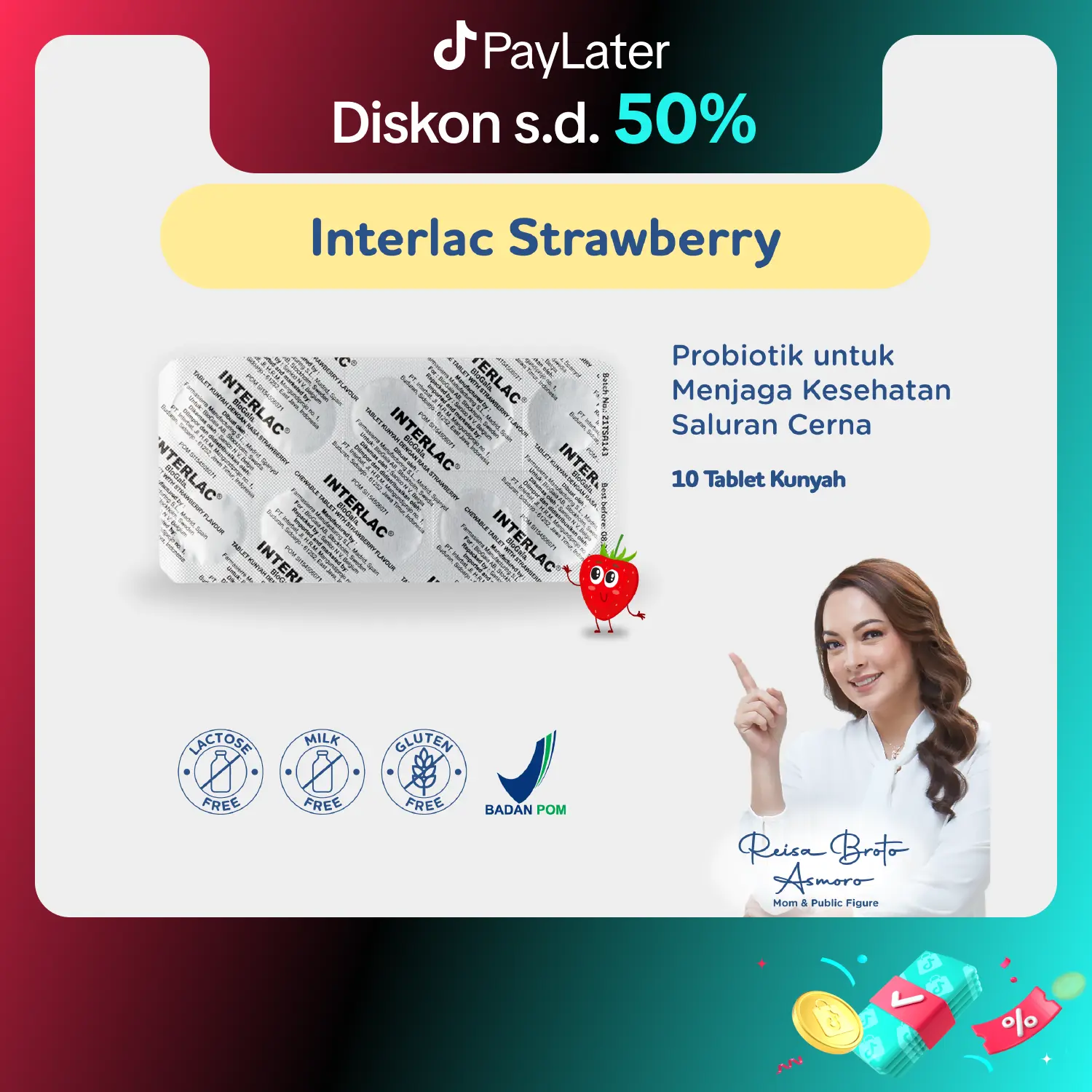 Interlac Probiotik Tablet Kunyah Strawberry 1 Strip @10 Tablet - Menjaga Kesehatan Saluran Pencernaan Anak hingga Dewasa