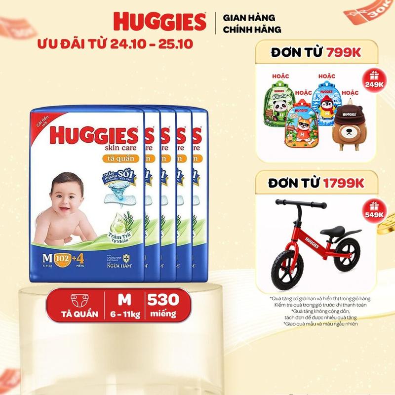 Combo 5 Tã/bỉm quần Huggies Skin Care Mega Jumbo M102+4/L100+4/XL84+4/XXL76+4 miếng với tràm trà dịu da